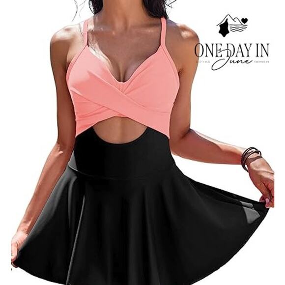 Aimage Cross Front Cut Out Tie Back One Piece Swimdress Size S - Picture 1 of 7